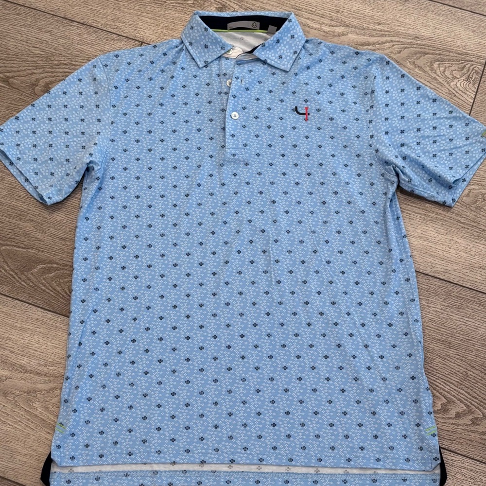 Tasc Performance Polo Shirt Mens Small Blue Geometric Floral Print Golf Top